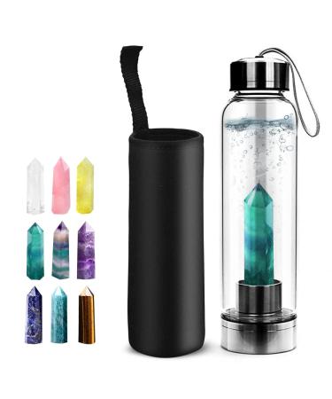 HINATAA Crystal Water Bottle Detachable Healing Natural Quartz Water Bottle 550ml (Emerald Green)