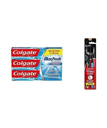 Colgate MaxFresh Whitening Fluoride Gel Toothpaste Cool Mint 150 Milliliters 3 Count + Colgate Slim Soft Toothbrush with Charcoal 2 Count w/ Toothbrush
