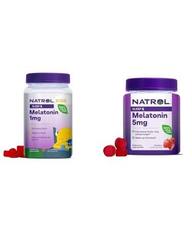Natrol Kids Melatonin 1mg 140 Berry Gummies & Adults Melatonin 5mg 90 Strawberry Gummies Sleep Aid