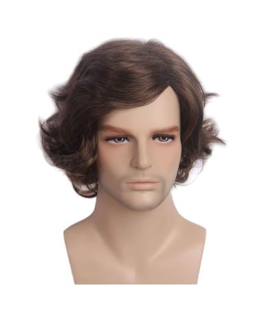 REEWES men's wig short brown 80s men's wigs natural synthetic full wig with cap hippie wig brown2