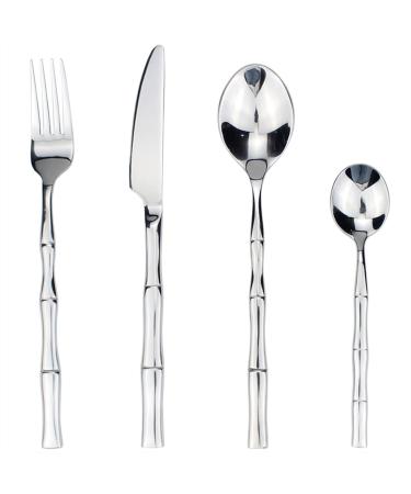 Flatware Sets 24pcs Creative Design Bamboo Shape Handle Stainless Steel Western Dinnerware Perfect Mirror Polish Famous Cutlery Set for Kitchen Stainless Steel LCCDSD 24pcs Natural Silvery