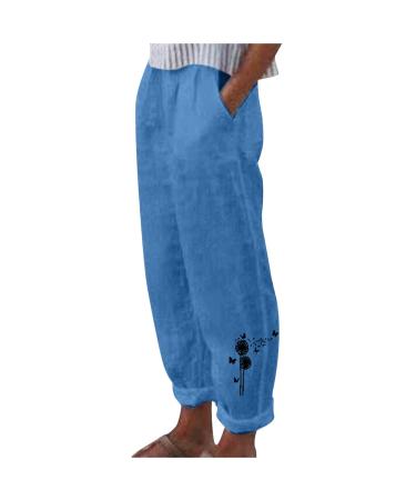 Apendorf Women Linen Pants Baggy Beach Wear Hippie Pants Preppy Pants Wide Leg Floral Pattern Casual Slacks Summer Clothes 5-blue Large
