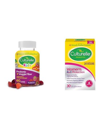 Culturelle Daily Probiotic for Kids + Veggie Fiber Gummies (Ages 3+) - 60 Count - Digestive Health & Women s 4-in-1 Daily Probiotic Supplements for Women - Supports Vaginal Health