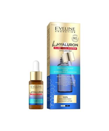 EVELINE COSMETICS Biohyaluron 3x Retinol System Multi Hydrating Face Serum Anti Aging Reduces Wrinkles Vegan Formula 99% Natural Composition for Night 18ml