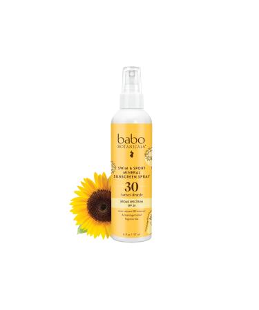 Babo Botanicals Swim & Sport Mineral Sunscreen Spray SPF 30 with Natural Zinc Oxide - For Face & Body of all Ages - Dermatologist Tested & Cruelty-Free - Fragrance-Free & Water Resistant - 2 oz