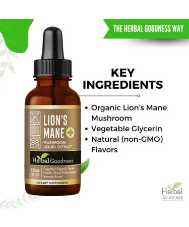 Herbal Goodness Lions Mane Mushroom Supplement Liquid 1 fl.oz - Brain & Focus Support Nootropic USDA Organic Lions Mane Extract Tincture Brain Health Supplement Non GMO Sugar & Alcohol Free - Buy Online on GoSupps.com