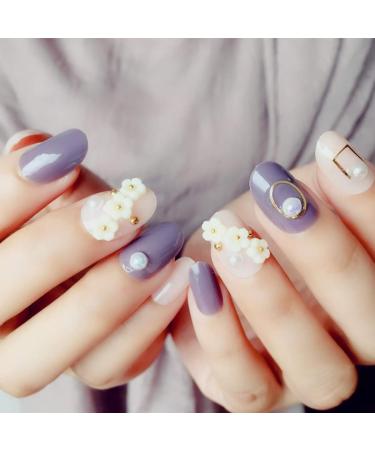 Sethexy Purple False Nails - 24 Oval Glossy Flower Pearl Jump Color Acrylic Nail Tips for Women & Girls - Complete Salon Quality - Buy Online on GoSupps.com