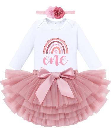FYMNSI Boho Rainbow 1st Birthday Outfit Baby Girl Cake Smash Set - Dusty Pink 3pcs - Buy Online on GoSupps.com