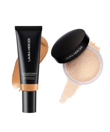 Laura Mercier Tinted Moisturizer Blurred Matte with SPF 30 24HR+ Shine Control Shade 4N Teak and Translucent Loose Setting Powder 24HR Shine Control Infused with Vitamins C + E Translucent Bundle