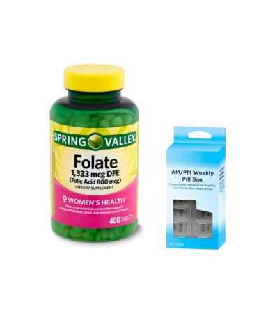 Folic Acid 800 mcg 400 Tablets by Spring Valley + AM/PM Weekly Pill Box