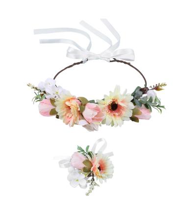 IYOU Floral Crown Headband Wristbands Champagne Daisy Flower Halo Headpiece Bridal Wedding Hair Accessories for Women and Girls