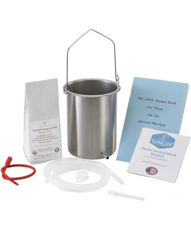 PureLife Coffee Enema Kit 304 Food Grade Stainless Steel Enema Bucket Medical Grade Silicone Tubing 1/2 Lb Organic Air Roasted Coffee