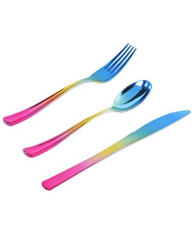 Supernal 120pcs Rainbow Silverware,Gold Plastic Silverware,Rainbow Plastic Cutlery,Rainbow Party Flatware,Pink and Gold Silverware,Elegant Plastic Durable Cutlery,40 Forks,40 Knives and 40 Spoons