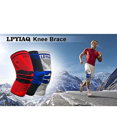 Knee Brace Compression Sleeve - Support for Arthritis Running Basketball | Side Spring & Silicone Pad - XXL (Black-Blue - Buy Online on GoSupps.com