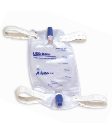 Dynarex Urinary Leg Bag, For Use with a Catheter has a Non-Drip Closure and Anti-Reflux Valve, 600 ml/20 oz capacity, Medium, White, 1 Box of 12