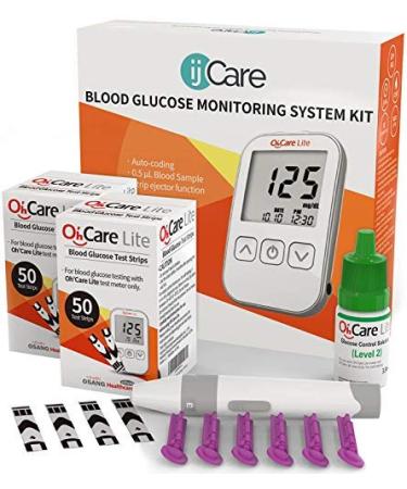 Oh Care Lite Blood Sugar Test Kit Blood Glucose Meter with Strips and Lancets Lancing Device Log and Case - One Touch Eject Glucometer (110 Strips 125 Lancets & Control Solution)