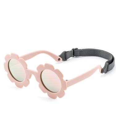 Baby Polarizrd Sunglasses with Strap Flexible Bendable Sun Flower Glasses for Newborn Infant Age 0-24 Months A6* Matte Pink/Pink Mirror Lens 32 Millimeters