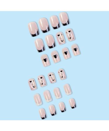 French Short Square Press On Nails with Nail Tips Silver glitter powder Black Love heart False Nails press on nails Acrylic False Nails Cute Artificial Nails for Women and Girls - Buy Online on GoSupps.com