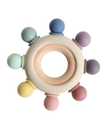 Baby Teething Toys - Silicone Rudder Toy with Wooden Ring - Soothe Teething Pain for Infant - BPA Free - Shower Gift for Boys and Girls (8 Directions  Gray) 8 Directions   Gray