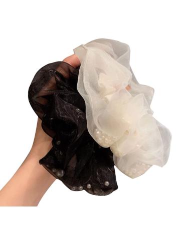 4 Pcs Shiny Black Pearl Lace Hair Scrunchies - Elastic Ponytail Holders for Girls - Buy Online on GoSupps.com