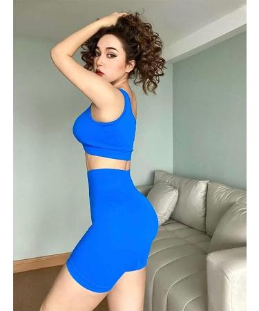 OQQ Women's Ribbed One Shoulder Workout Set - Blue | High Waist Shorts & Sports Bra | Medium - Buy Online on GoSupps.com