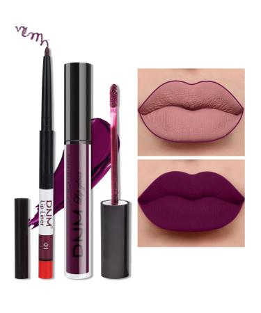 2pcs Matte Dark Purple Lip Liner and Lipstick Makeup Set  burgundy Matte Lipstick 24H and Lip Liner Set Deep Berry Matt Lip Gloss Waterproof Long Lasting Lip Liner Lipstick Set Dark Colors (01) R01