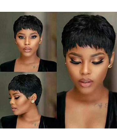 VRVogue Short Human Hair Pixie Wigs Pixie Cut Short Black Wavy Wigs Layered Short Human Hair Wigs for Black Women (Pixie Cut Wigs  1B)