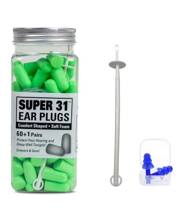 Super 31 Ultra Soft Foam Earplugs 60 Pair - 31 db Noise Reduction  Comfortable Loud Noise Canceling Earplugs for Travel  Studying  Sleeping  Snoring  Shooting  Concerts  Work  Construction (Green)