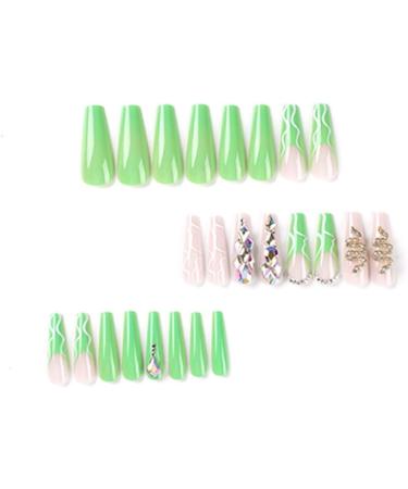 Justotry 3D Snake False Nails - Pale Green French Press On Nails for Women | 24 Pcs Ballerina Stick On Nails with Diamond Patterns | Acrylic Coffin Fake Nails Medium with Glue for Nail Art - Buy Online on GoSupps.com