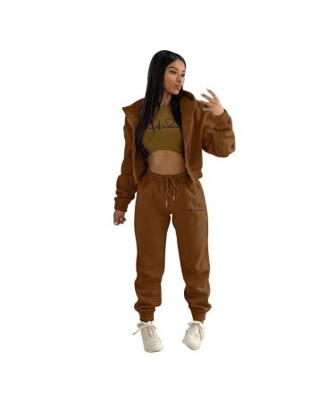 Long -sleeved pants suit jogging suit women leisure access sportswear outfit leisure access sportswear two -part hooded sweater jogging pants women training suit set 2 partial ladies sports suit set brown xl
