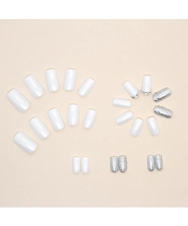 White Glitter Square Fake Nails - 24Pcs Short Acrylic Press On Nails for Women - Buy Online on GoSupps.com