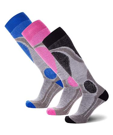 Pure Athlete Wool Elite Ski Socks Men  Lightweight Merino Wool Warm Skiing Sock, Women Snowboarding 3 Pairs - Black-hot Pink-blue Small