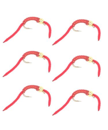 The Fly Fishing Place Trout Nymph Fly - San Juan Worm Power Bead 1/2 Dozen Gold Bead Red V-Rib Hook Size 14 - Set of 6 Fly Fishing Flies