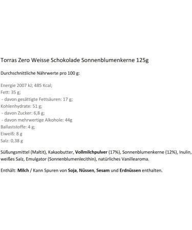 Torras Zero White Chocolate with Sunflower Seeds and Sea Salt 125g - Buy Online on GoSupps.com