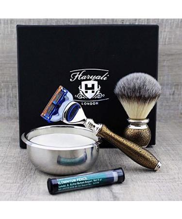 Shop Haryali London Golden Antique Men's Shaving Set | 5 Edge Razor Brush Soap Stand & Alum Stick - Premium International Shipping - Buy Online on GoSupps.com