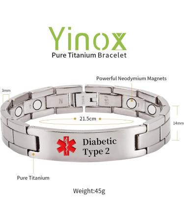 YINOX Medical Alert Bracelet for Men - Durable 22cm/13mm with Super Strong Magnets for Diabetic Type 2 - Buy Online on GoSupps.com