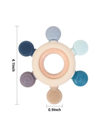 Cuebo Silicone and Wood Baby Teething Toy | BPA Free Roulette Shape Teether Ring for 3+ Months Babies | Gray | Food Grade Silicone | Pain Relief - Buy Online on GoSupps.com