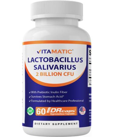 Vitamatic Lactobacillus Salivarius 2 Billion per DR Capsule - 60 Count - Digestive Support - Made with Prebiotic Inulin Fiber (1 Bottle)