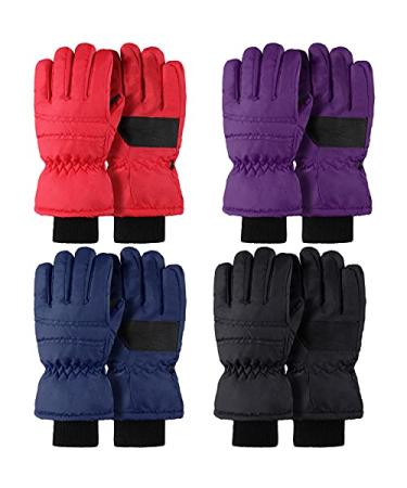 4 Pairs Kids Winter Ski Gloves Waterproof Snow Mittens Toddler Warm Full Finger Snow Gloves for Outdoor Activities Purple, Black, Red and Navy Blue 1 - 3 Years