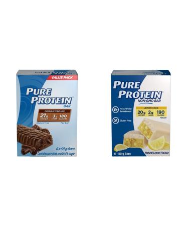 Pure Protein Bars - Nutritious Gluten Free Whey Protein Bars (Chocolate Deluxe + Lemon Cake)