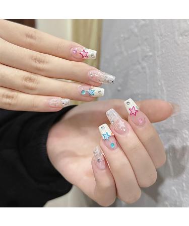 Press on Nails Acrylic Stick on Nails 24pcs French Long Coffin False Nails Star Design Fake Nails with Glue Sticker for Fashion Sweet Nail Tips (French Star)