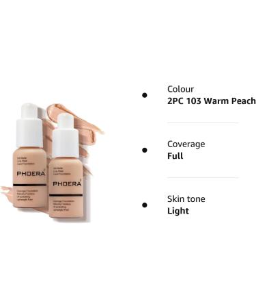 PHOERA Face Foundation Liquid Foundation Foundation Full Coverage Long Lasting Perfect 30ml Matte Oil-Control Concealer 6 Colors Optional Great Choice and Gift (#103 Warm Peach 2pcs) 60 ml (Pack of 1) #103 Warm Peach - Buy Online on GoSupps.com