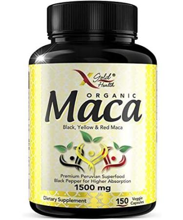 Organic Maca Root Powder Black + Red + Yellow Peruvian Maca Root Extract Gelatinized Capsules 1500mg - 150 Capsules