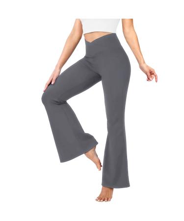 YOLIX Black Flare Yoga Pants for Women, Crossover Bootcut High Waisted Leggings No Pocket Medium Dark Grey