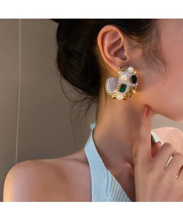 Minzaos Baroque Pearl Gemstone Hoop Earrings | Vintage Chunky U Earrings 925 Silver Needle Jewelry for Party Wedding (White) - Buy Online on GoSupps.com