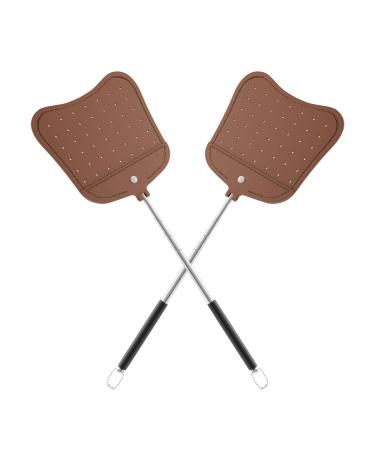 Foxany Telescopic Fly Swatters Heavy Duty Set, Leather Fly Swatter with Extendable Long Handle, Flexible Manual Flyswatter for Indoor Outdoor, 2 Pack Brown-2Pcs