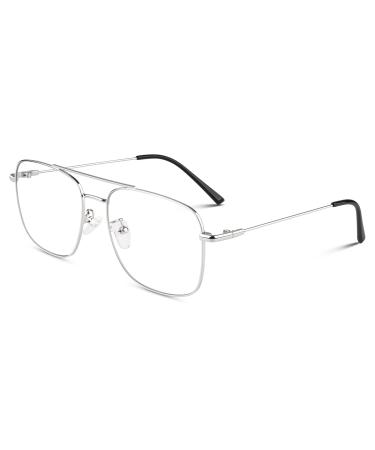 LINVO Glasses Without Prescription for Men Women Classic Metal Frame Glasses Frame Vintage Aviator Glasses Fake Glasses Silver