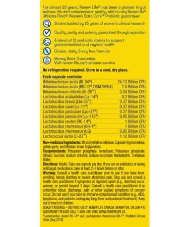 Renew Life Probiotics Ultimate Flora Women's Extra Care Probiotic Helps maintain healthy vaginal pH yeast urinary tract and feminine health 50 Billion Active Cultures 60 Vegetarian capsules - Buy Online on GoSupps.com