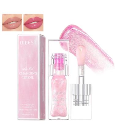 Color Changing Lip Oil Magic Warm Change Glitter Lip Gloss Moisturizing Color Changing Lip Glow Oil with Big Brush Shimmery Plumping Lip Oil Long Lasting Nourishing Non-sticky Lip Tint Oil