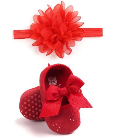 MACHSWON Baby Girls First Walking Shoes Mary Jane Flats with Bow-Knot | Anti-Slip Princess Christening Shoes | Infant Outdoor Shoes | Headband Included | 6-12 Months (Red) - Buy Online on GoSupps.com